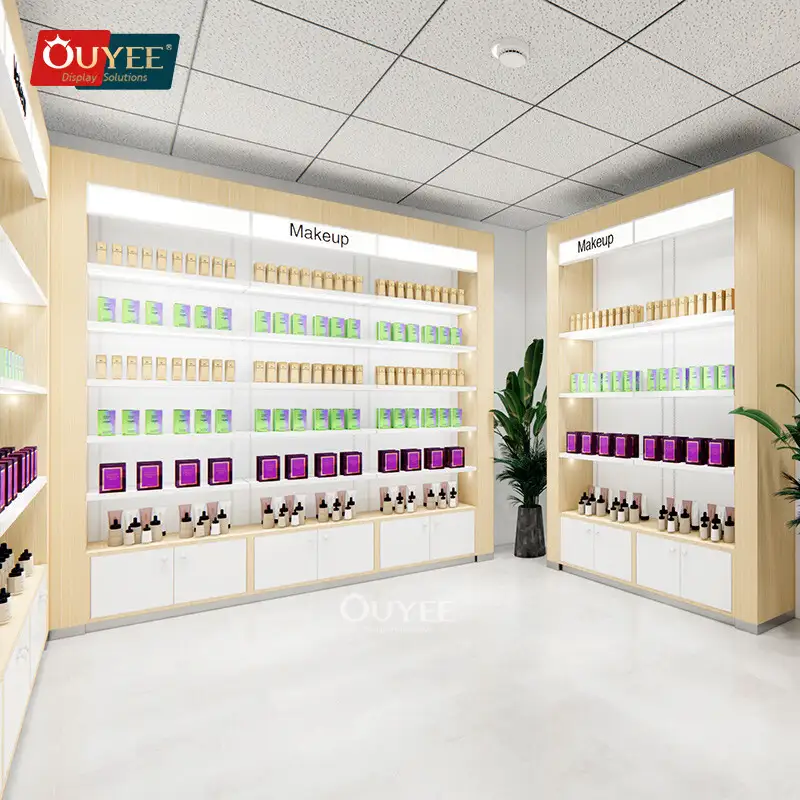 Présentoir en bois pour la vente de produits de beauté et de maquillage dans les salons de coiffure 1