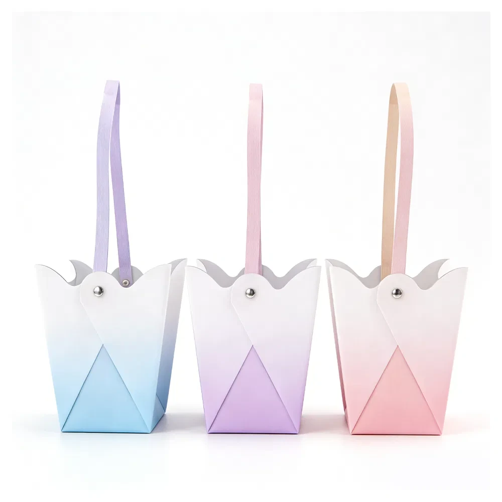 Holiday Gift Flower Paper Bag with Square Size Logo Printing Fresh Style T-Kraft Bag Soft Gradient Colors Handle Bouquet Packaging Flower Bags 1