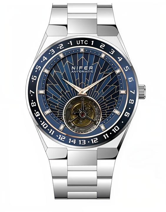 Nifer Herren-Skelettuhr mit achteckigem Zifferblatt und GMT-Funktion, radial strukturiertem Zifferblatt, Edelstahlarmband, wasserdicht bis 5 ATM, luxuriöse Sport- und Businessuhr 1