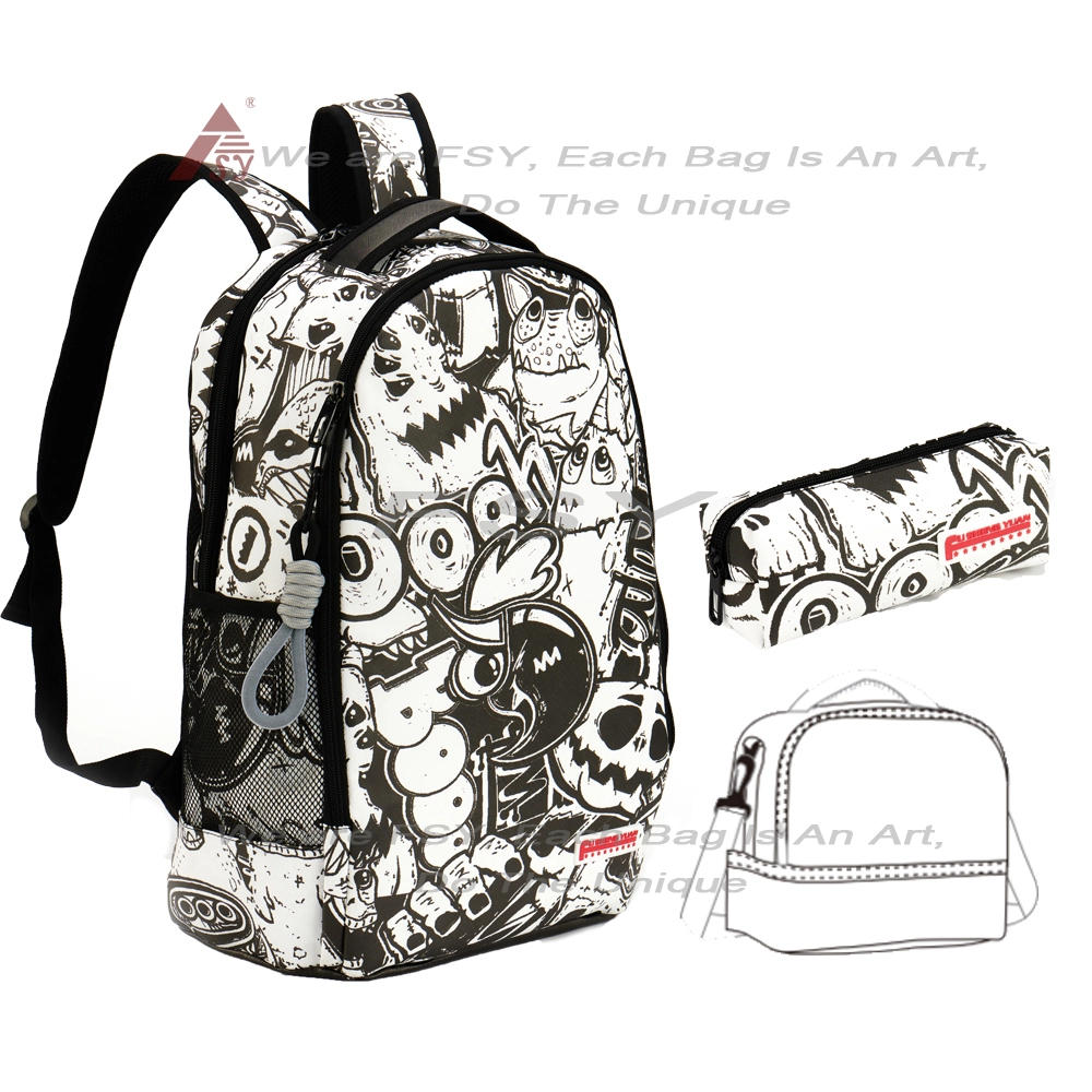 Fsy Lightweight Rap-rock Black White Graffiti Style Backpack Set Pvc Leather Student School Book Bags Backpacks 3 Pieces 1
