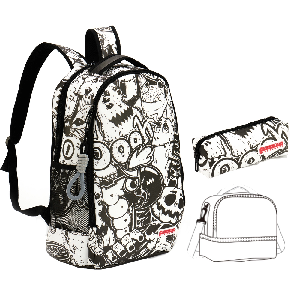 Fsy Lightweight Rap-rock Black White Graffiti Style Backpack Set Pvc Leather Student School Book Bags Backpacks 3 Pieces 1