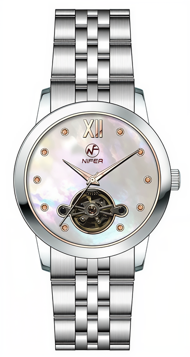 Nifer Runde Damen-Armbanduhr mit halbskelettiertem Gehäuse, Zifferblatt aus natürlichem Perlmutt, Edelstahlarmband, wasserdicht bis 5 ATM, elegante Abenduhr 2