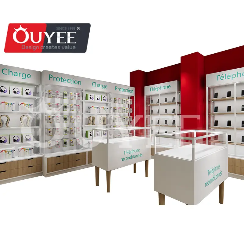 Balcões de madeira para exposição de celulares e quiosques de parede 1