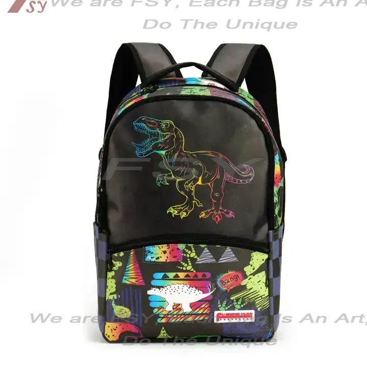 New Trendy Custom Printed Cartoon Dinosaur School Bags Kids Pu Leather Capacity Student Computer Backpack For Men Women Youth 1