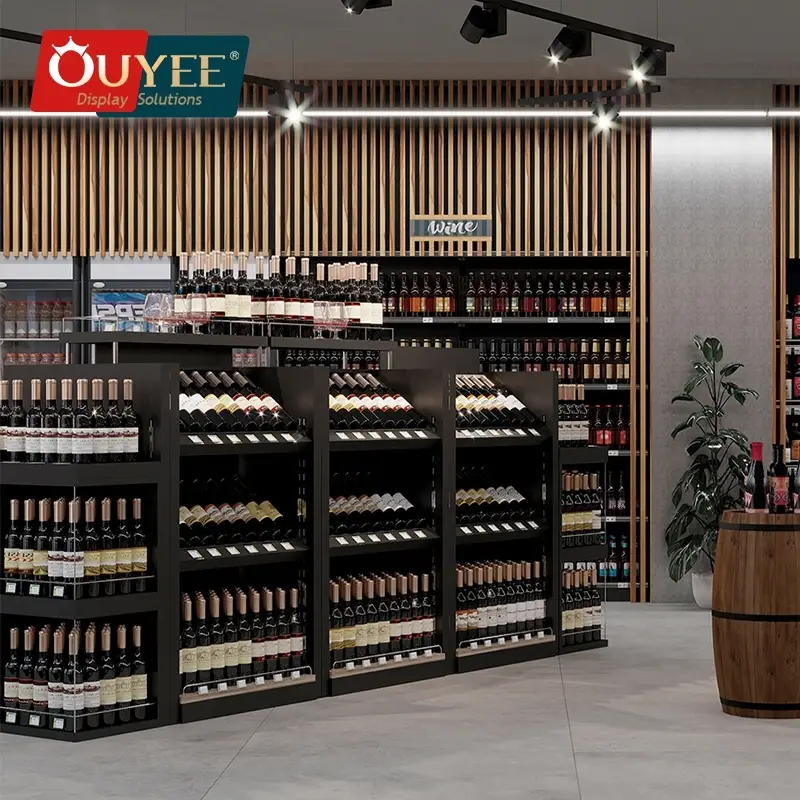 Rendering 3D di un negozio di vini - Scaffalatura in metallo e mobiletto in legno da pavimento 1