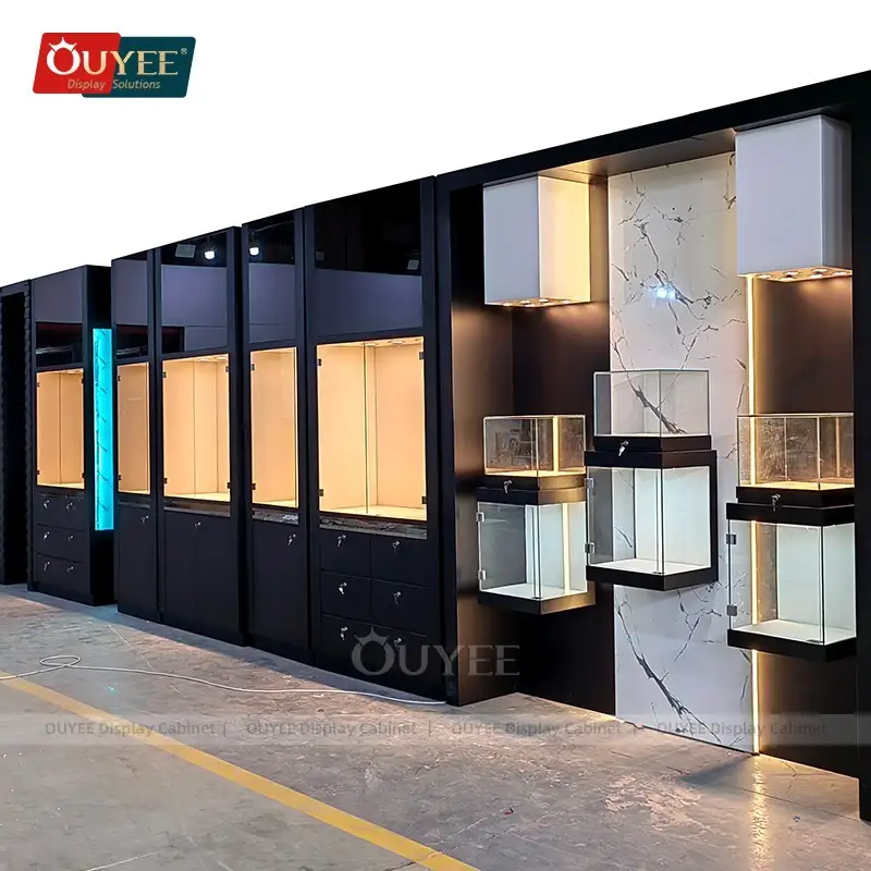 خزانة عرض مجوهرات من الرخام الأسود، حامل جداري، أثاث متجر 1