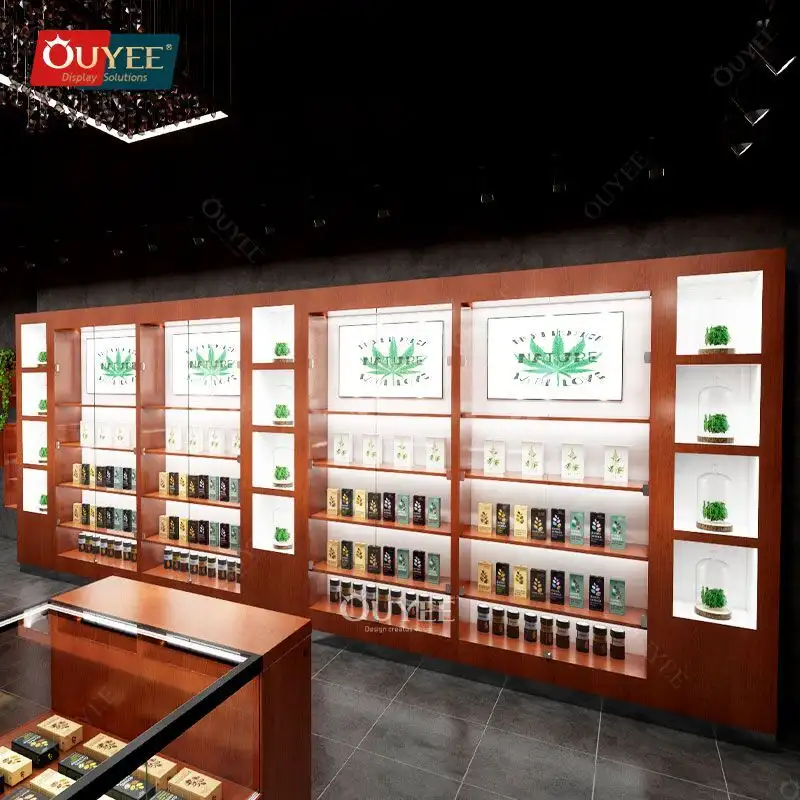 Vitrine de comptoir en verre pour boutique de tabac et cigares, socle en bois 1