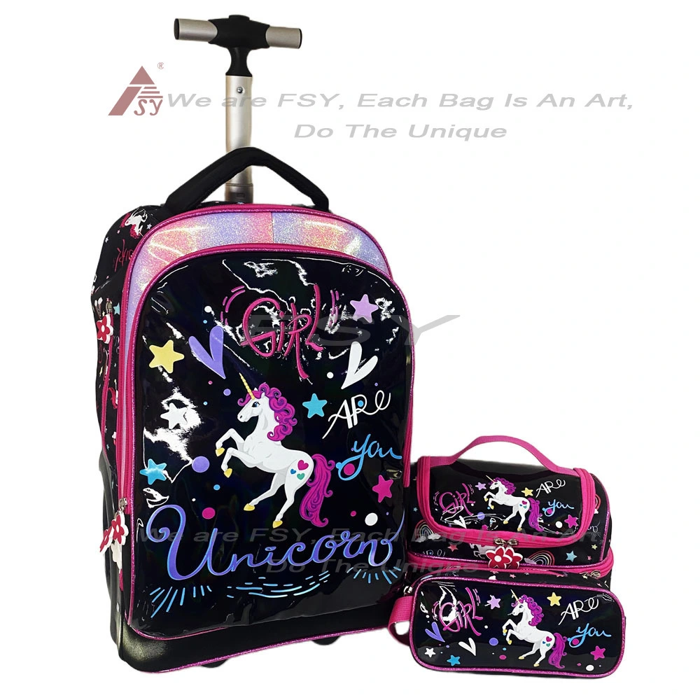 New Arrival 3 Pieces Unicorn Kids Trolley Bags Set With Lunch Bag Pencil Case Student Children School Backpack With 2 Big Wheels 1