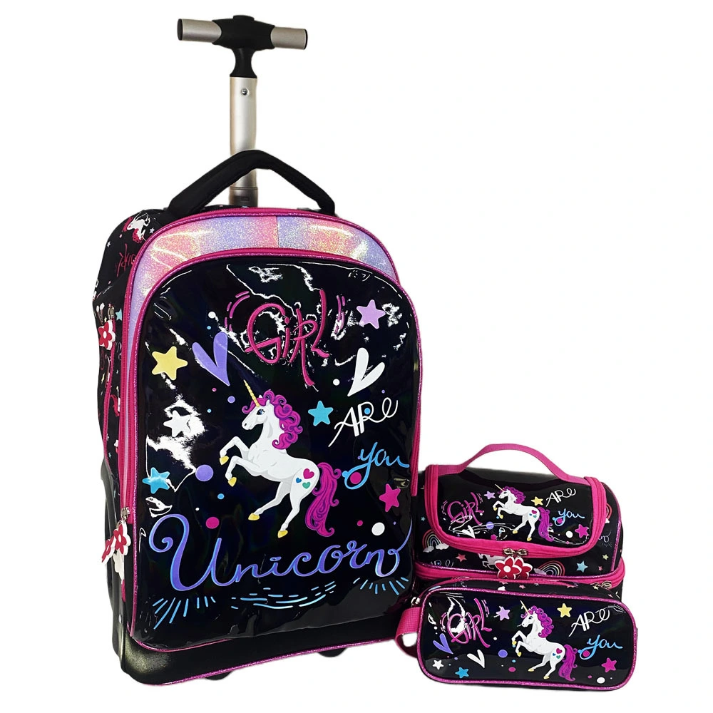 New Arrival 3 Pieces Unicorn Kids Trolley Bags Set With Lunch Bag Pencil Case Student Children School Backpack With 2 Big Wheels 1