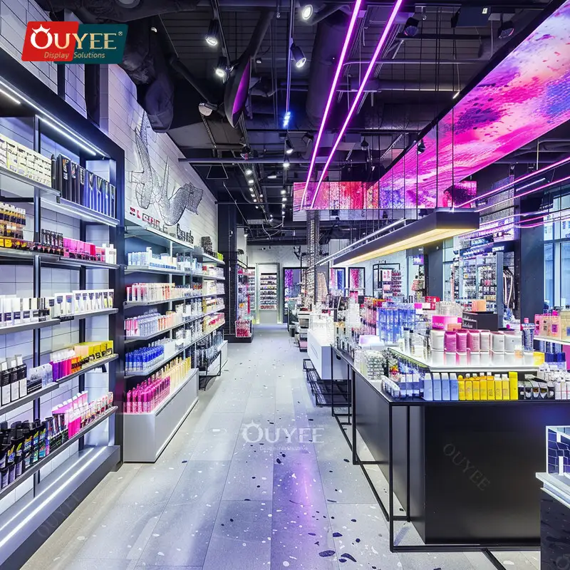 Balcão expositor personalizado para cosméticos, perfumes e perucas com iluminação LED. 1