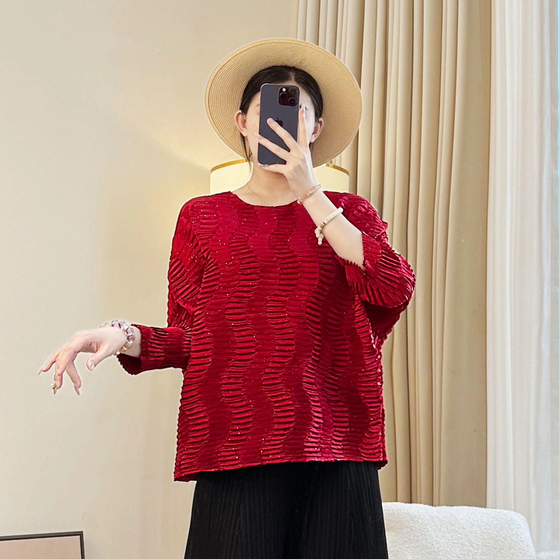 2025 Spring Autumn Women's Loose Casual Plus Size  Pleated Long Sleeve Blouse 1