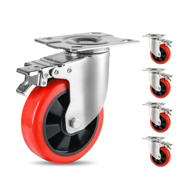 5 Inch Universal Pu Red Color 120-200kg Swivel Castor Caster Wheel Swivel Bracket For Industrial 1