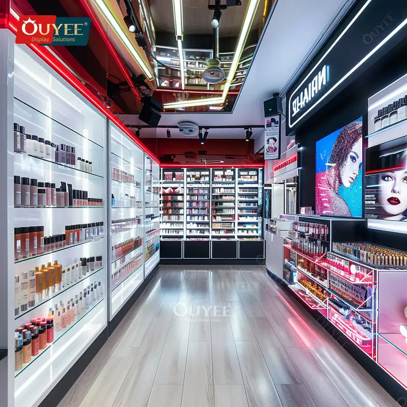 Goldener Parfüm- und Kosmetikvitrinenschrank aus Holz mit Regalen 1