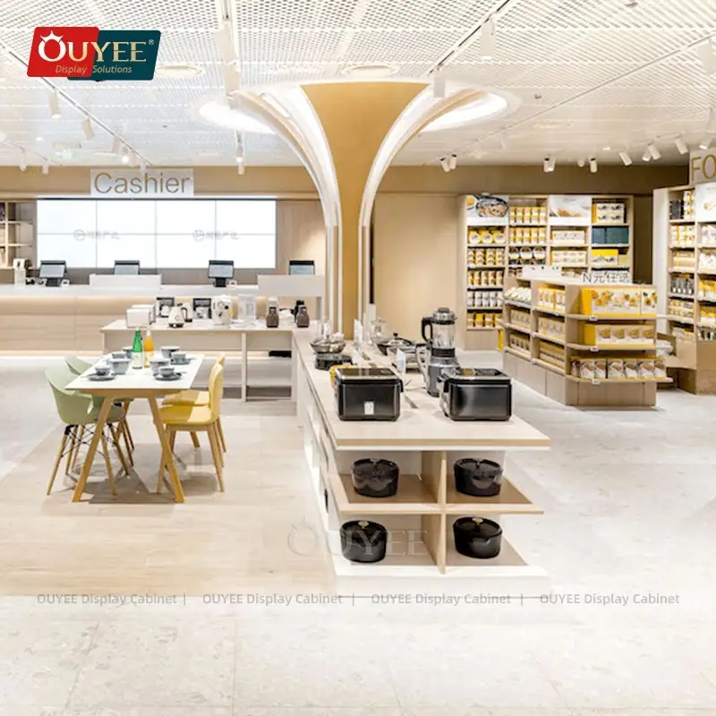 Bancone espositivo in legno con tavolo elettronico, ripiani e scaffale 1