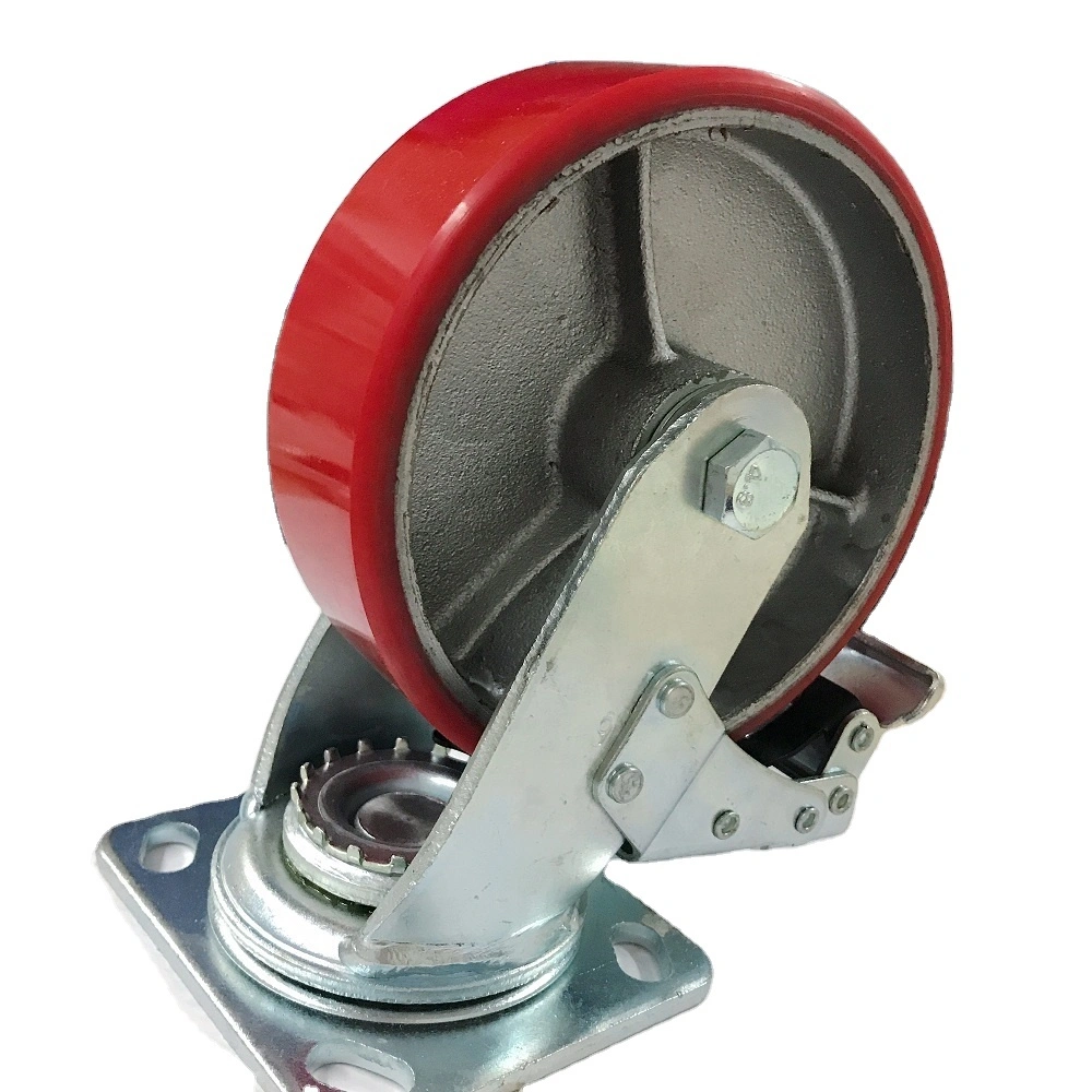 5.5mm Thickness Polyurethane Pu Castor Wheel Heavy Duty Cast Iron Core Steel 4 5 6 8 Inch Plastic Rim Double Ball Bearing Caster 1