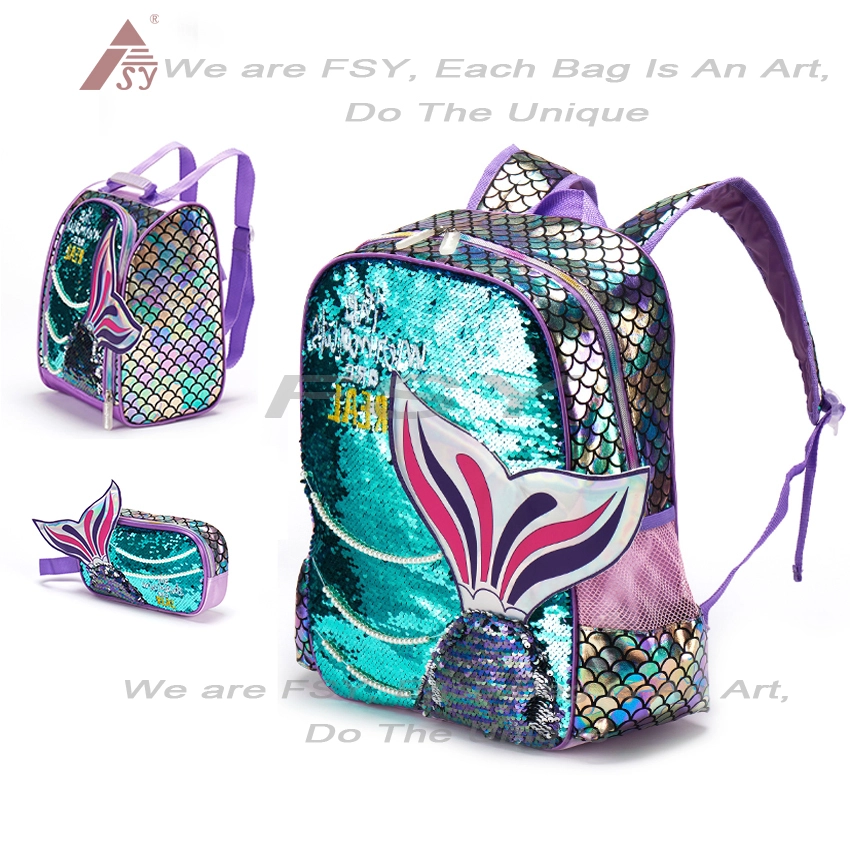 Custom sequin backpack New Style Girls Sequins School Bags Sets For Kids Girls Cartoon Backpack 3 Pieces Lunch Pencil Bag Box For Children 1