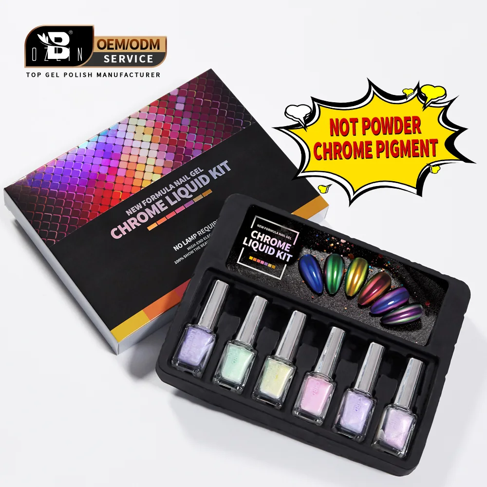 Bozlin Custom Liquid Chrome Pigment Powder Nail Art Kit Mirror Powder 6 Colors 1