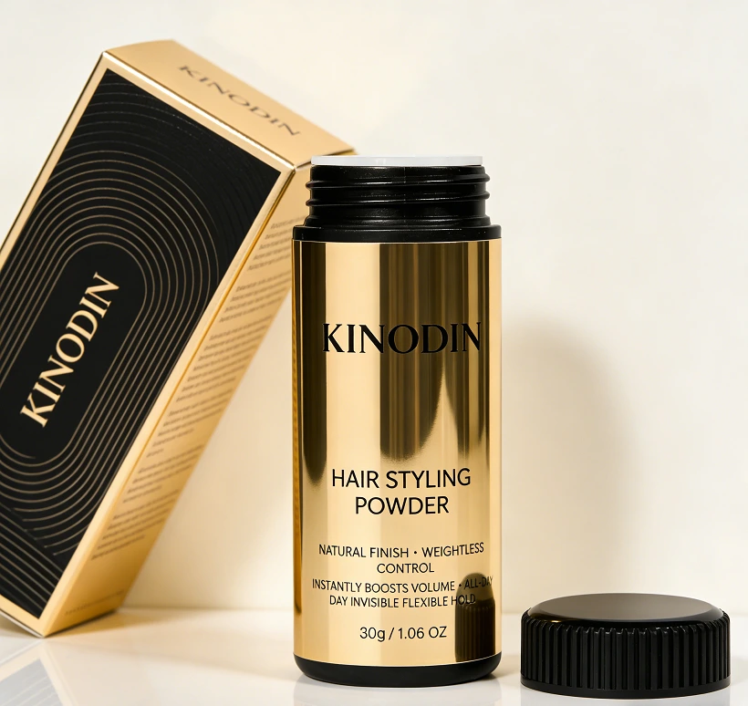 Pó para estilização capilar instantânea profissional Kinodin, marca própria, pó natural orgânico para volume, impressão em serigrafia. 1
