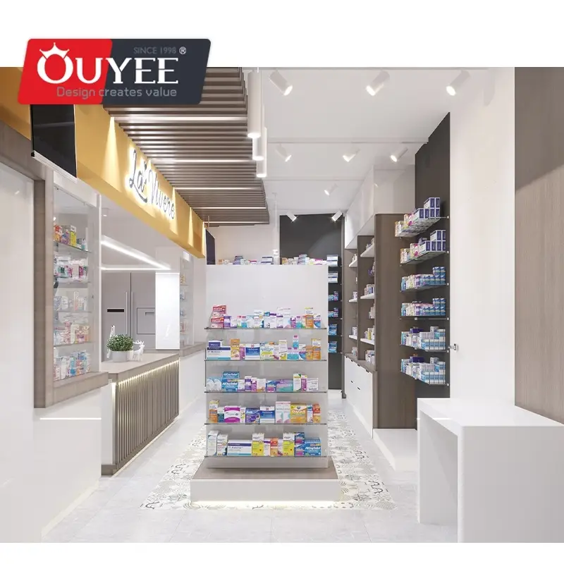 3D-Apotheken-Innenausstattung: Wandregale aus Holz, Acryl und Stahl 1