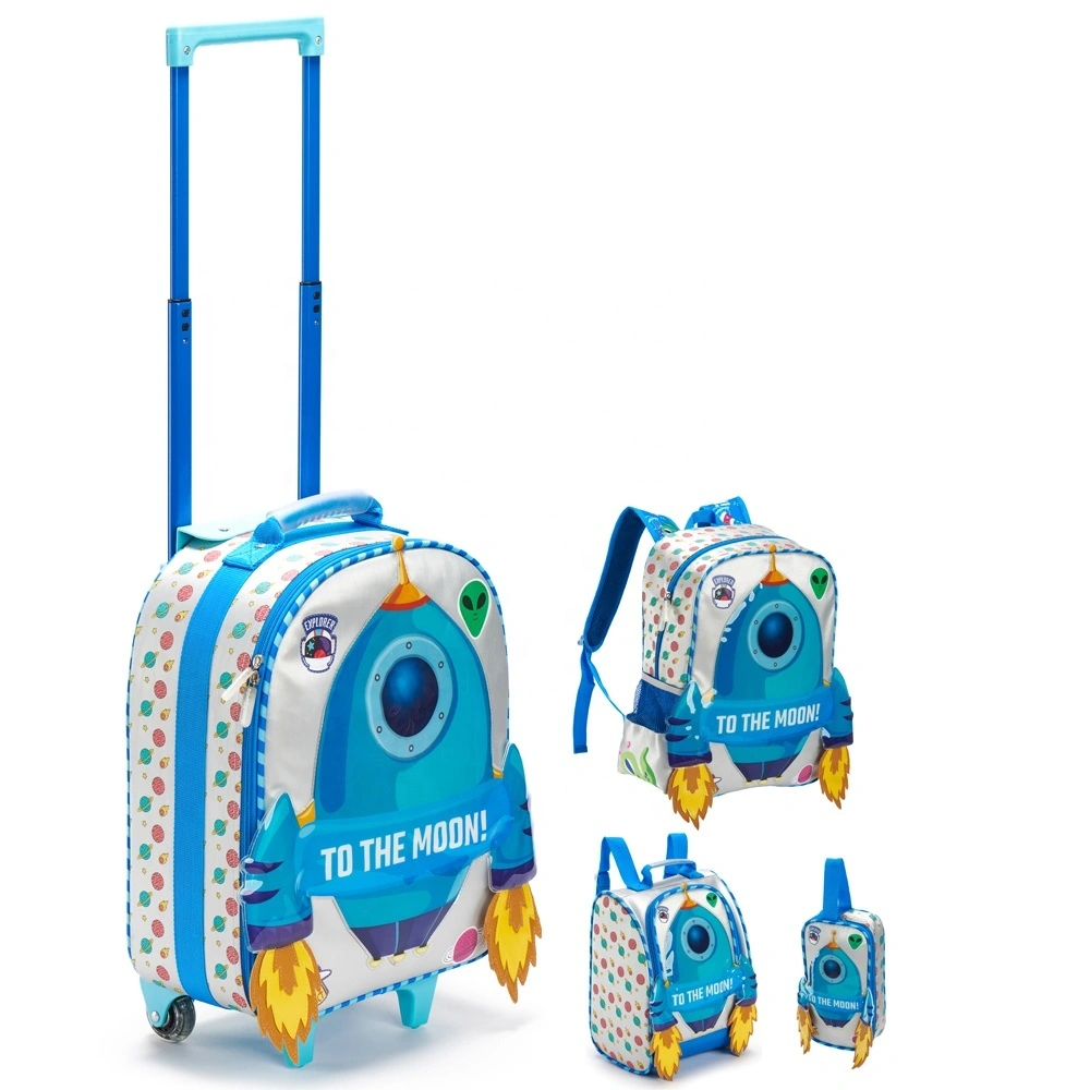 3 pieces custom Rocket Pattern 3d Backpacks Set With Lunch Box 4 In 1 Kids Luggage Trolley School Bags Wheels For Travel Children Boy 1