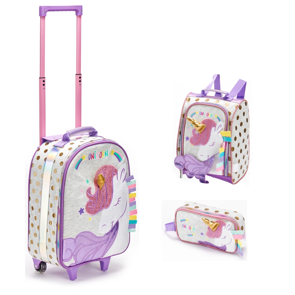 Fsy Kids Luggage Trolley Travel Backpack Sets With Wheels Lunch Pencil Bag Unicorn Cartoon Animals Student Backpack Girls 1