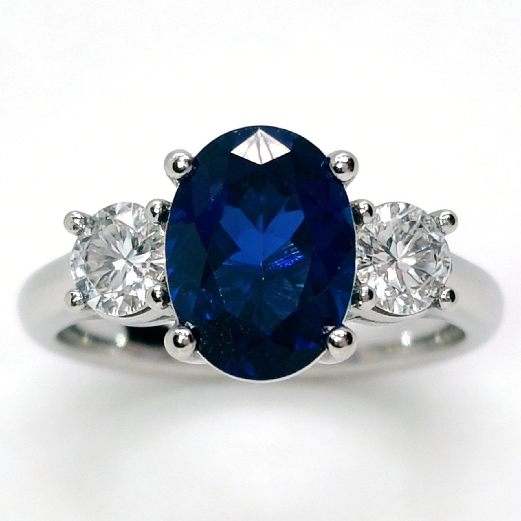 18k White Gold Oval Blue Sapphire Three Lab Grown Ring Engagement Promise Ring With Diamond Simulants For Women 1
