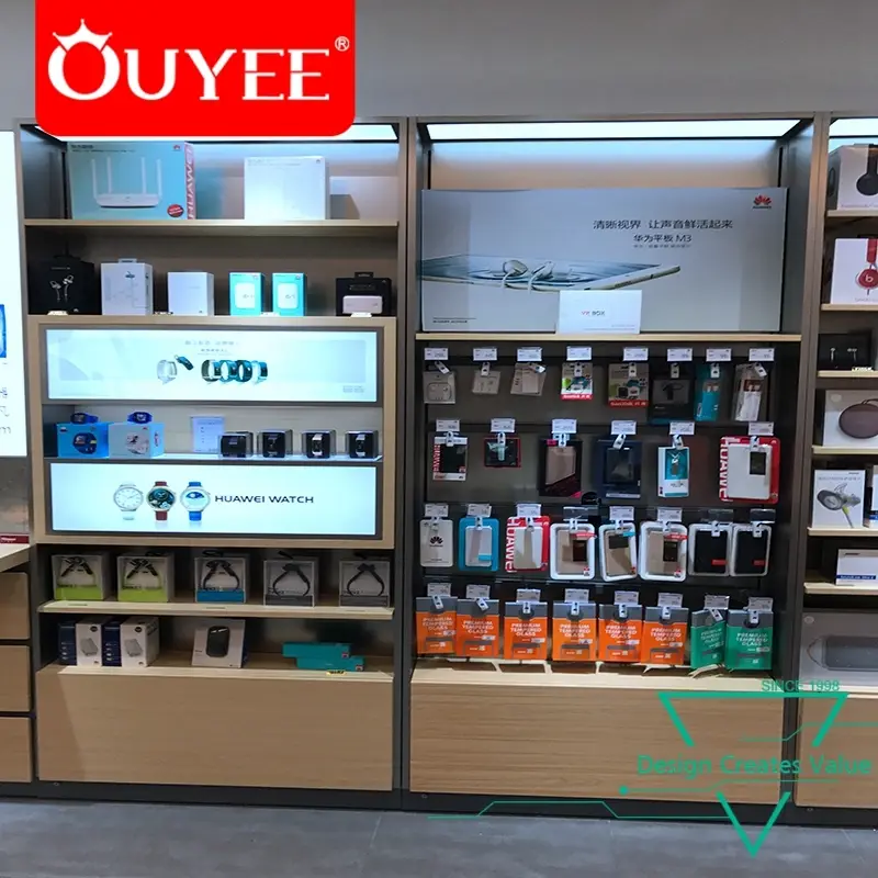 Vetrina espositiva in legno per accessori per cellulari, ideale per negozi al dettaglio. 1