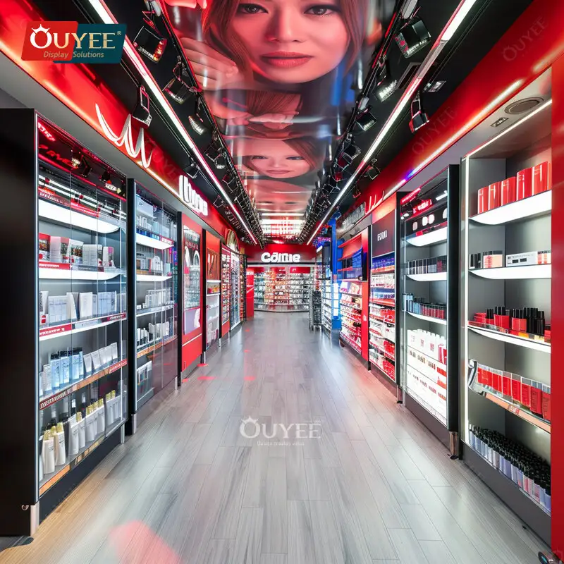 Balcão expositor de cosméticos em vidro rosa - Compre móveis 1
