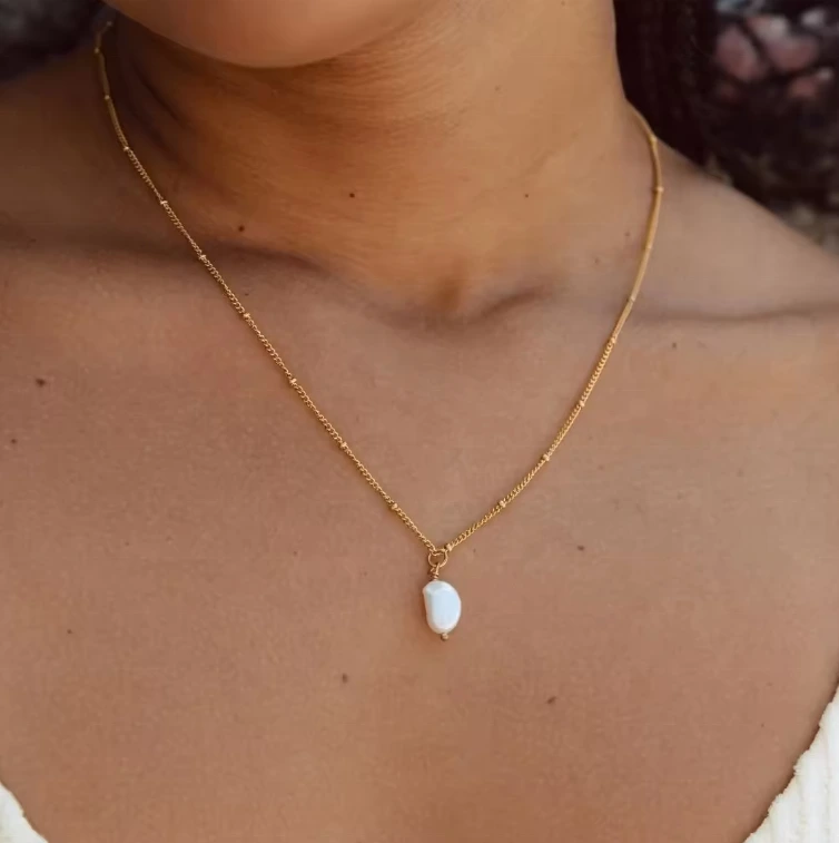 Vintage Minimalist Stainless Steel Pearl Necklace Link Chain Adjustable Size Cold Wind Birthday Gift Female 1
