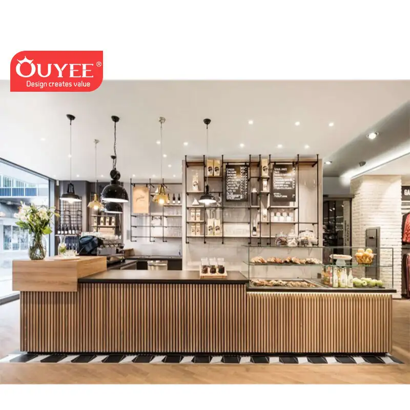 Balcão e armário personalizados para cafeteria com bancada de mármore. 1