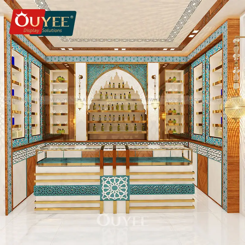Verkaufstheke für arabische Luxusparfümerie – Regal aus Holz und Glas 1