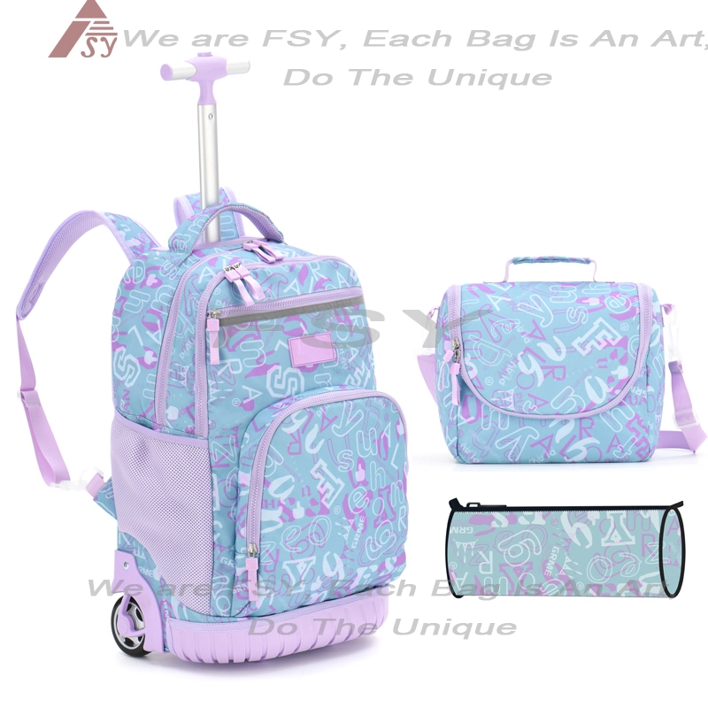 Kids Wheels Polyester Travel Backpack 3 Pieces Set custom backpack manufacturers Children Girls Trolley School Bags For Boys With Lunch Bag Pen Bag 1