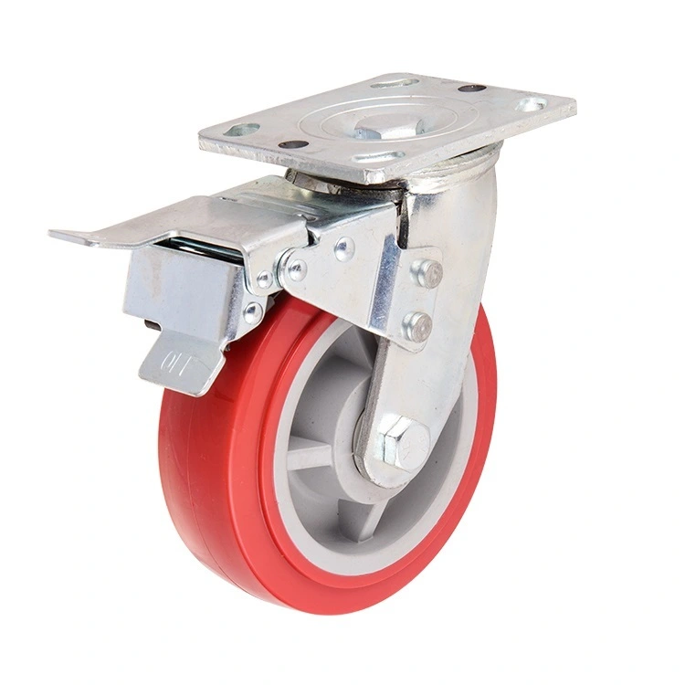 Custom Size Red 4 Inch 5 Inch 6 Inch 8 Inch Swivel Pu Caster Machine Wheel With Double Brake 1