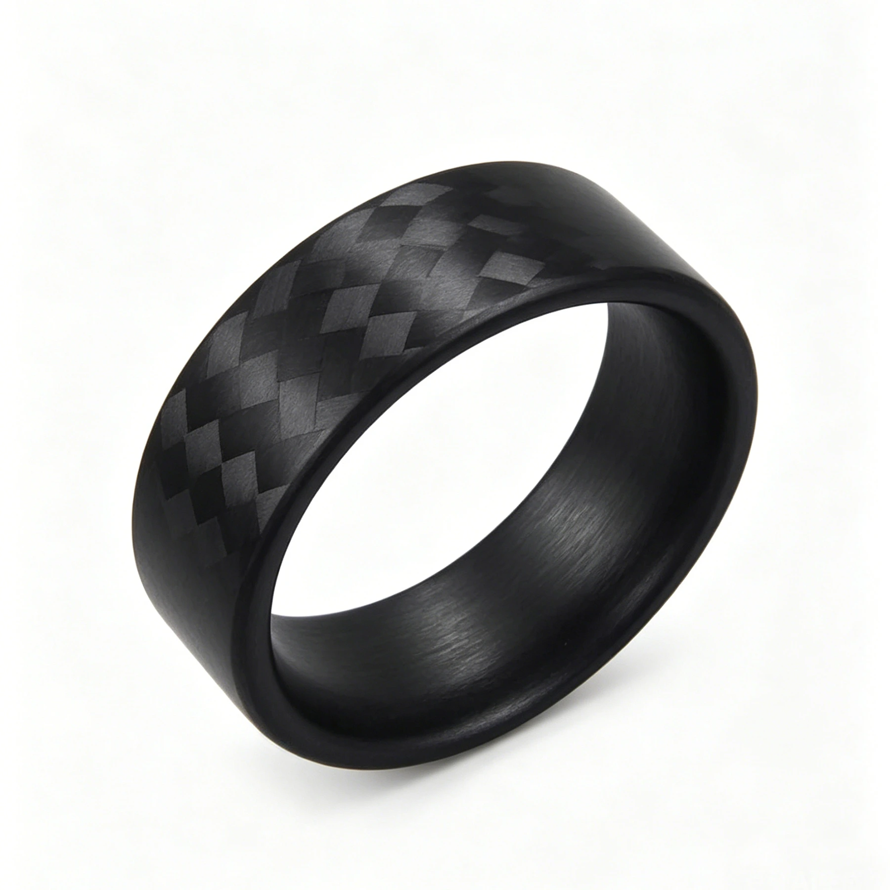 Anello da uomo alla moda in fibra di carbonio intrecciata, anallergico, nero opaco. 1