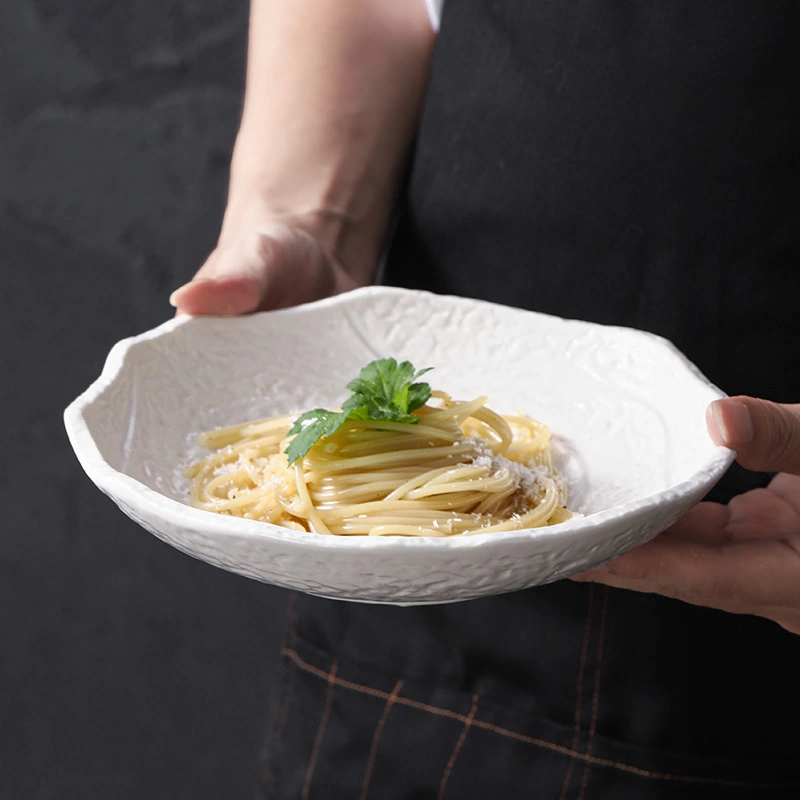 Oregelbunden djup keramisk middagstallriksset för restaurang, bankett, kök, hem, hotell, kommersiellt porslin, biff, sallad, soppa, dessert 1