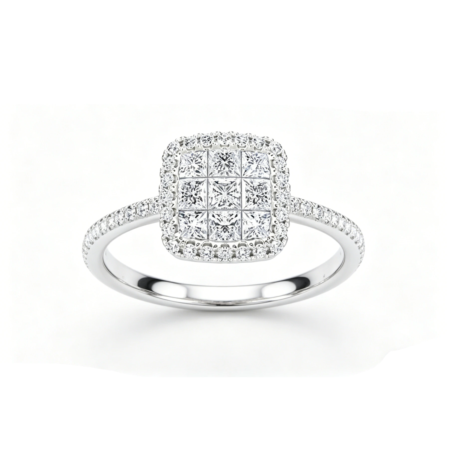 925 Sterling Silver Princess Cut Diamond Cluster Ring Cushion Halo & Pave Band Statement Ring Women's Fashion Jewelry 1