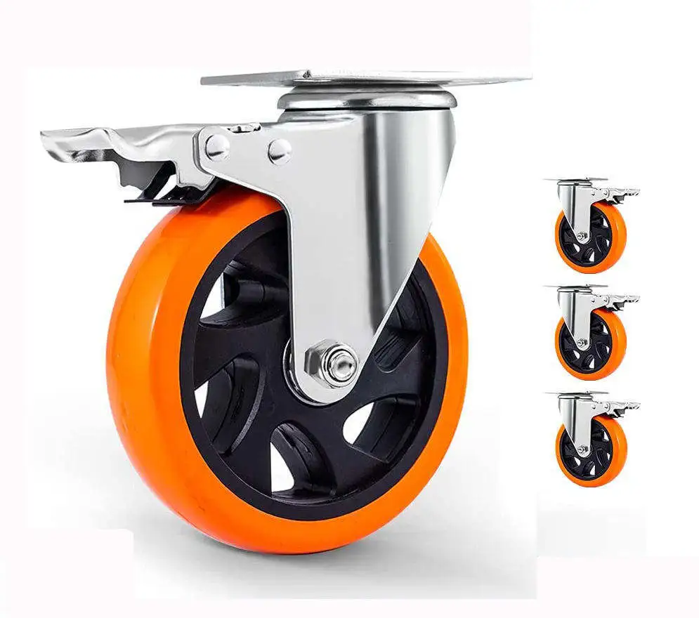 4 Inch Orange Polyurethane Castors Top Plate Swivel Wheels Industrial Casters With Brake 1
