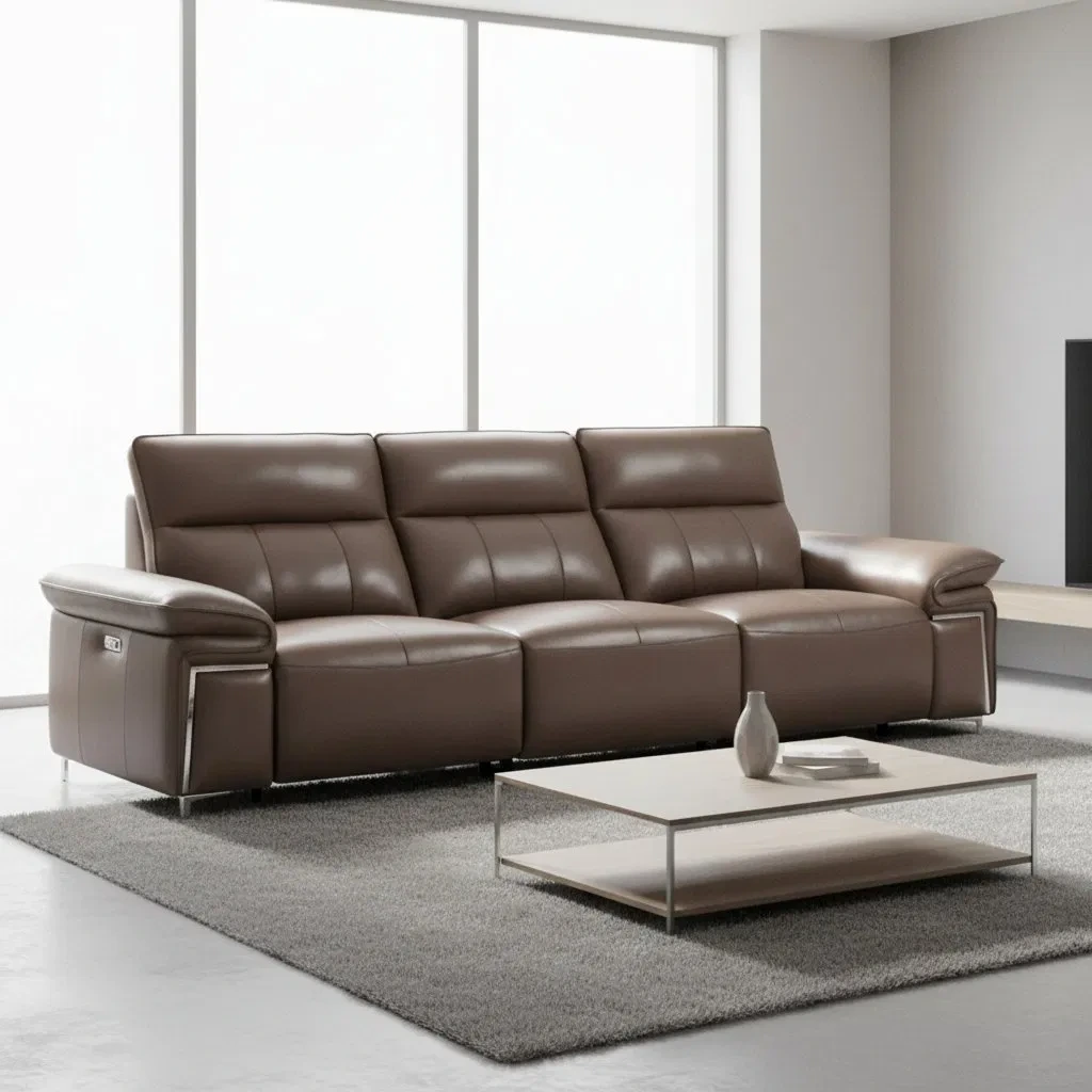 Moderne elektrische relaxbank, nieuw design, bekleed met echt leer, uitschuifbare 3-zitsbank, vierkant, metalen design, geschikt voor de woonkamer. 1