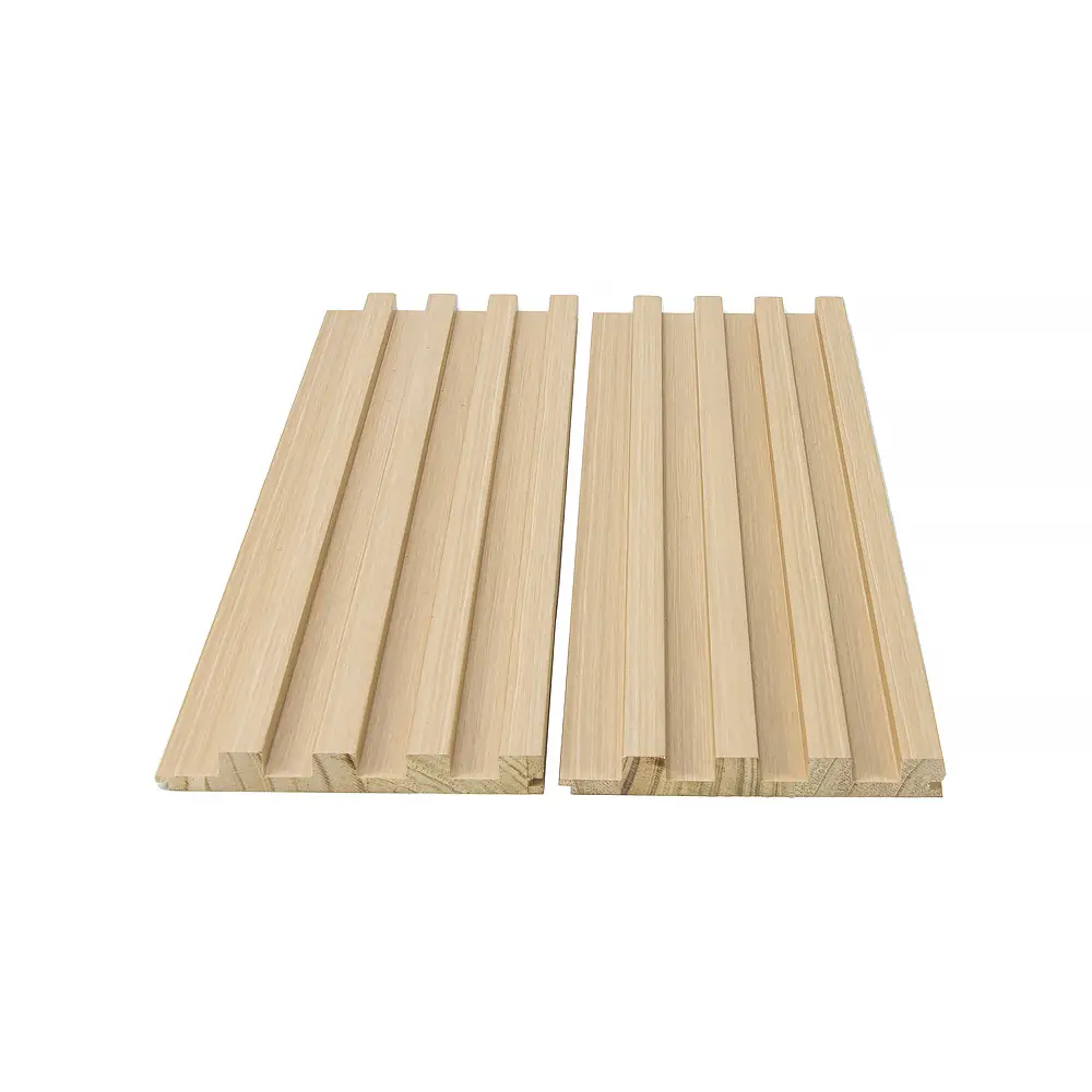 3D-wandpaneel van massief wit eikenhout met latten voor de inrichting van uw slaapkamer. 1