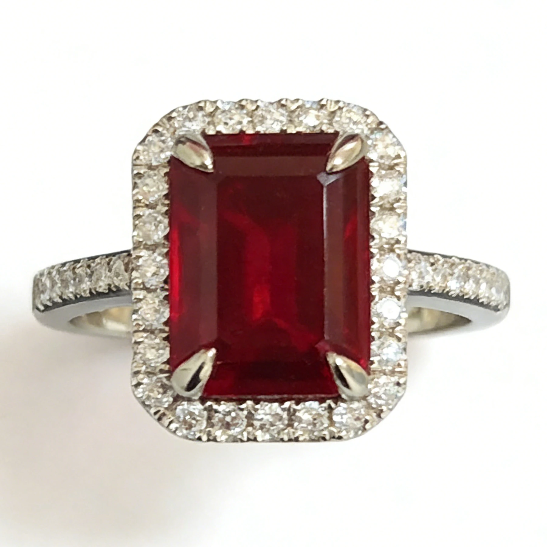 Luxury 18k White Gold Ruby Ring Emerald Cut With Diamond Halo & Pave Band Wedding Ring 1