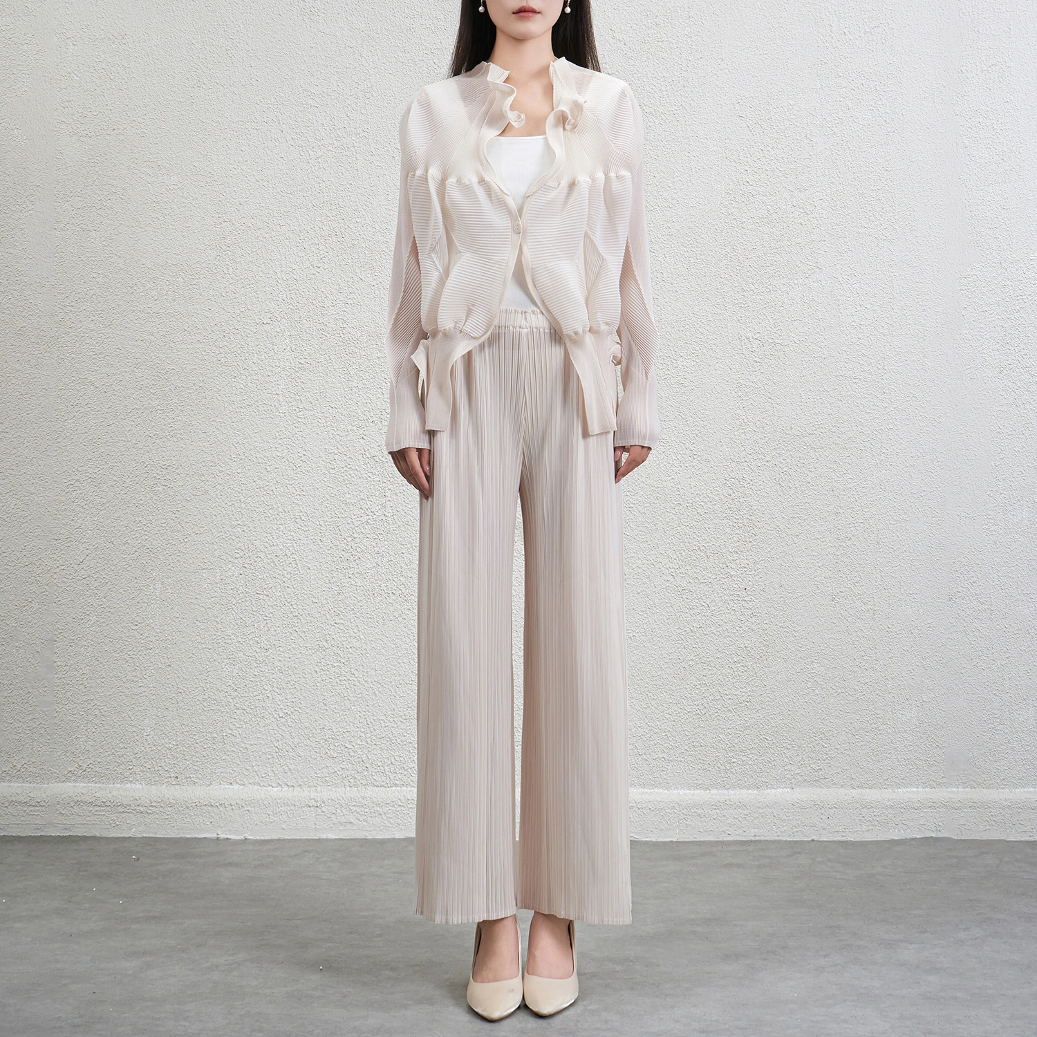 2025 Miyake Style Pleated Shirt and Wide Leg Pants Women Set 1