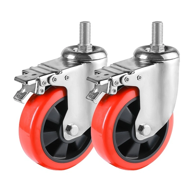 Warehouse Duty 3/4/5/6 Inch Polyurethane Revolving Red Color Castor Wheels With Double Brake Design 1
