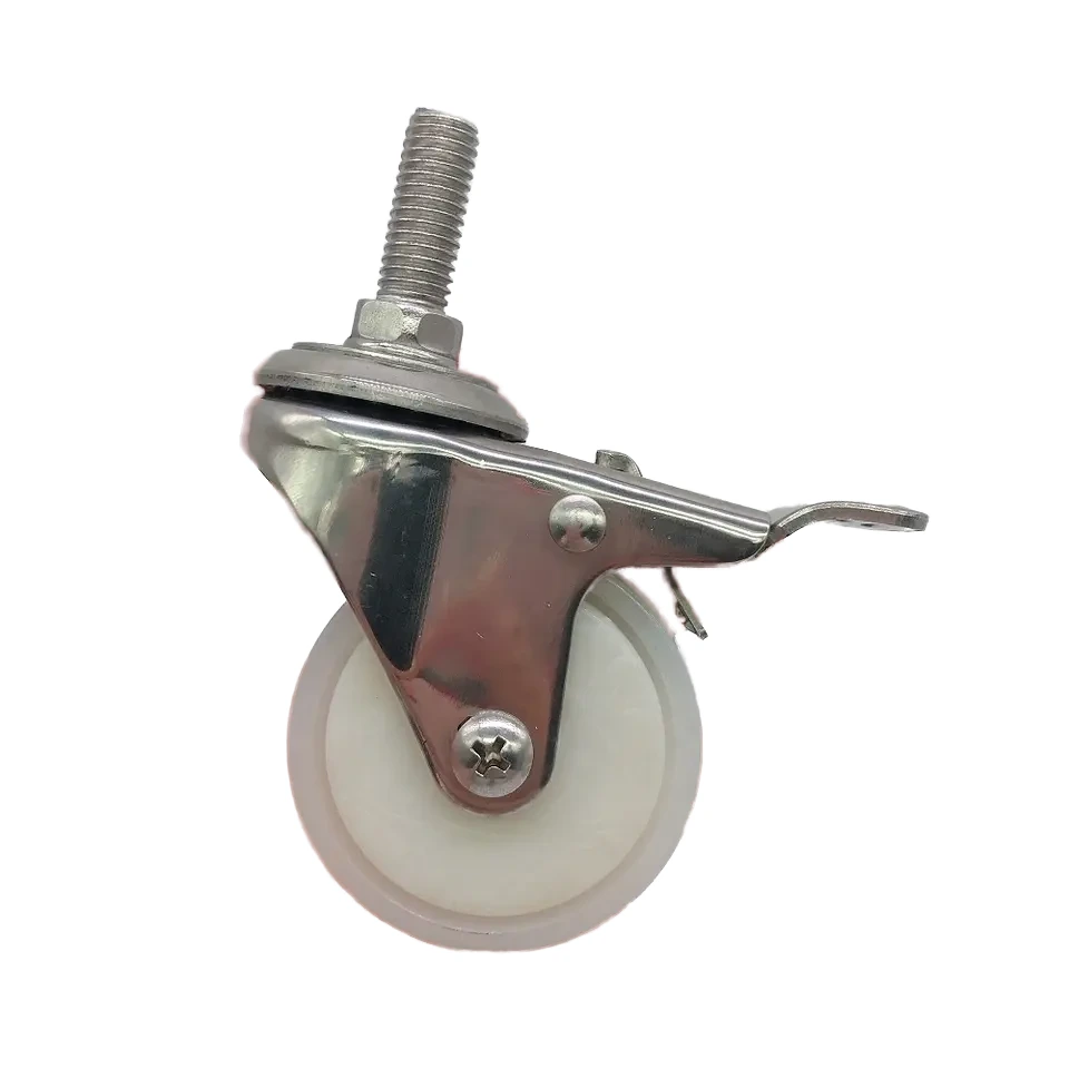 304 Stainless Steel 1.5 inch 2 inch Small Threaded stem Universal Nylon Wheel Caster with Brake1 1