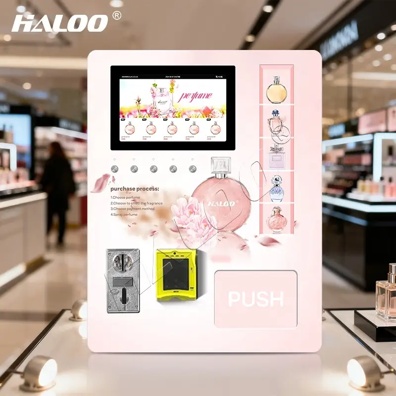 Haloo Custom Maquina Vending De Perfumes Wall Mounted 24h Smart Self Automatic Perfume Dispenser Perfume Spray Vending Machine 1