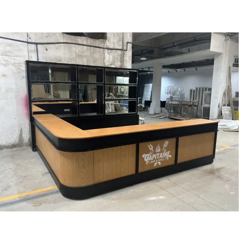 Custom Wooden Lounge Bar Counter with Logo, LED Table & Wine Shelves 1