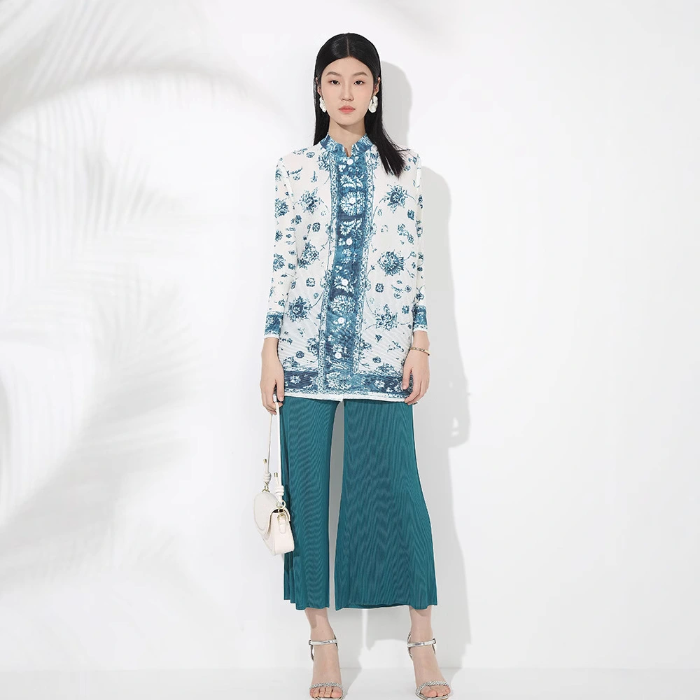 Großhandel Damens Summer Plissee-Set-gedruckte lose Top- und Wide-Bein-Hosen, elegantes zweiteiliges Outfit 1