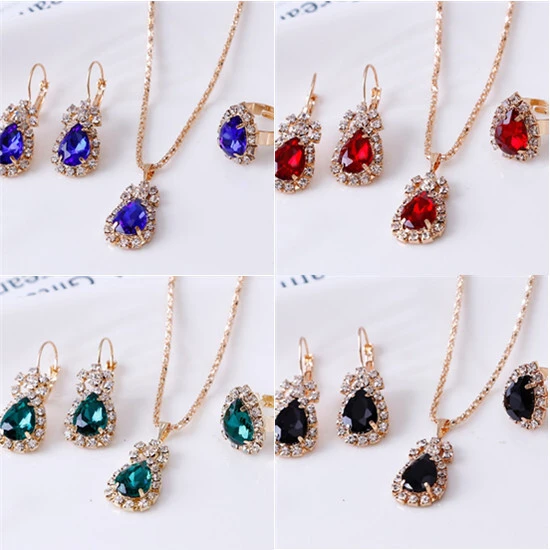 Wholesale Fashion Drop Gold-plated Diamond Necklace Earring Ring Set Lady Jewelry Set 1