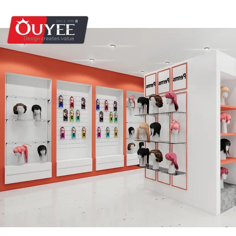 Möbelregal für die Präsentation von Echthaarperücken in einem Boutique-Friseursalon 1