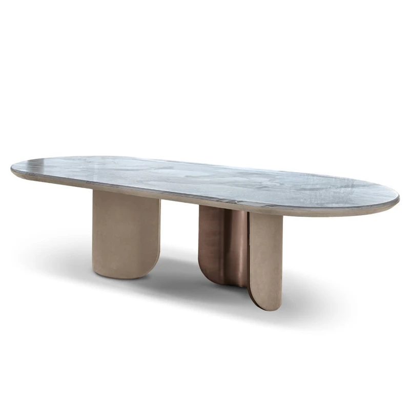 Mensa Triclinii Marmore Griseo Claro Luxuriosa, Basimenta Bicoloribus Beige Roseo-Aureis, Ornatus Elegans 1