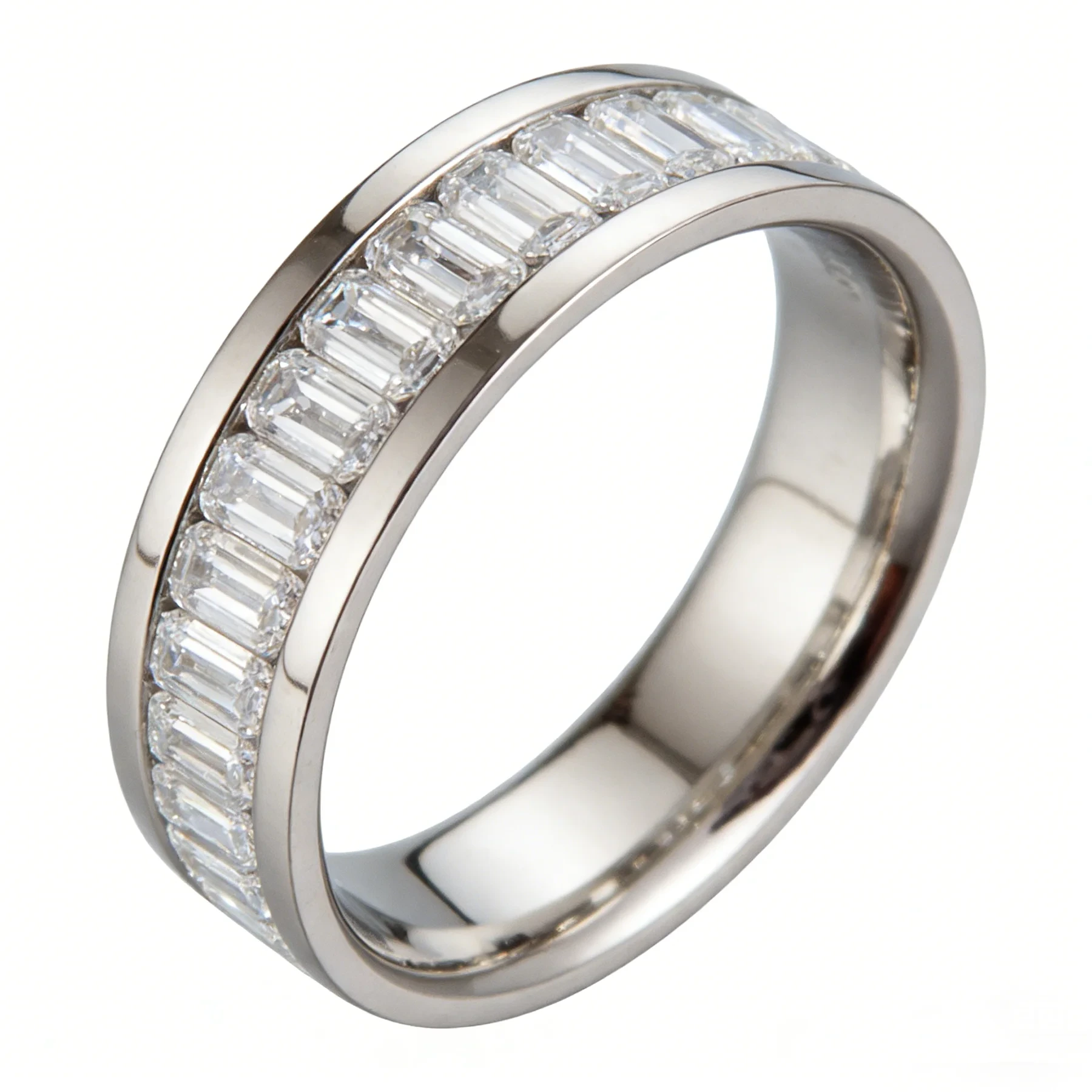 Anello dell'eternità in platino Pt950 con diamanti taglio baguette, incastonati a canale, fede nuziale impilabile per coppie 1